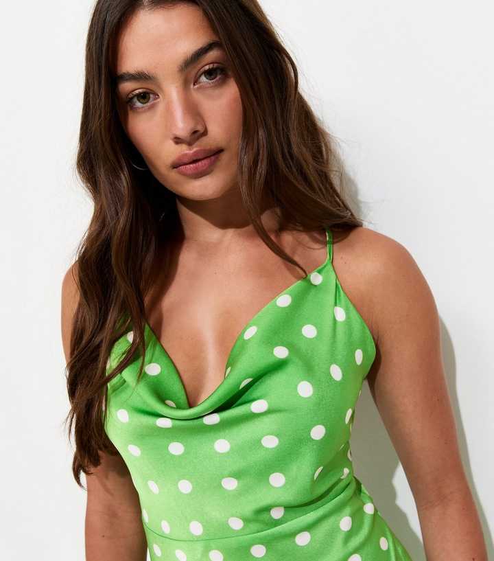 Green Polka Dot Satin Strappy Midi Dress | New Look