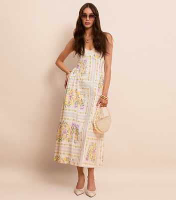 Cream Floral Print Corset Bust Flared Midi Dress