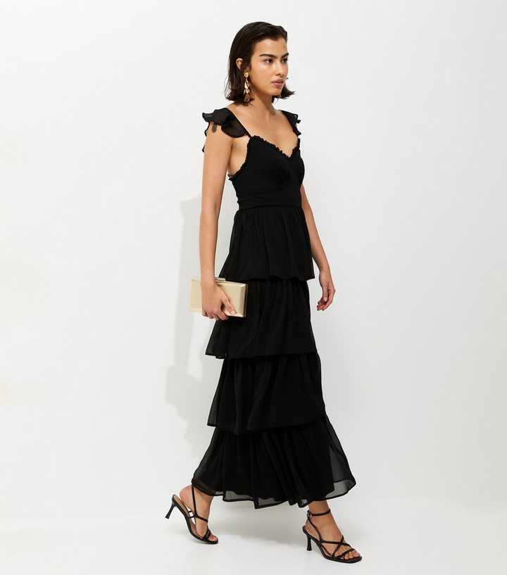 Black Tiered Chiffon Midi Dress