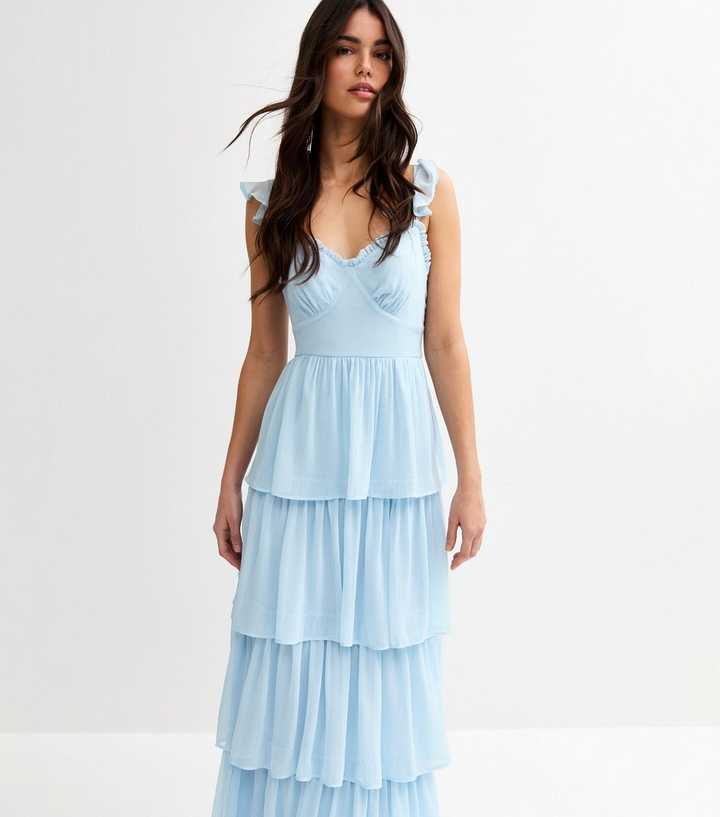 Light Blue Tiered Chiffon Midi Dress