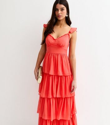Coral Tiered Chiffon Midi Dress