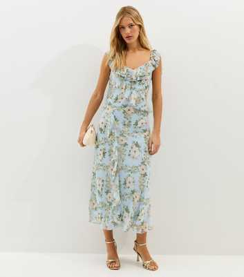 Light Blue Floral Chiffon Ruffle Midi Dress