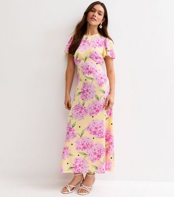Petite Yellow Floral Flutter Sleeve Midi Dress