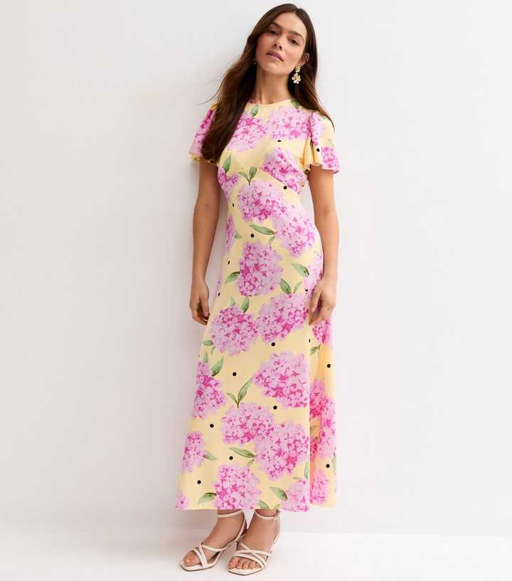 Petite Yellow Floral Flutter Sleeve Midi Dress