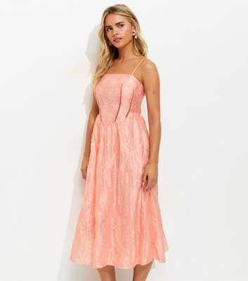Petite Light Coral Glitter Floral Jacquard Midi Dress