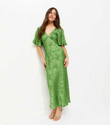Petite Light Green Palm Jacquard Flutter Sleeve Midi Dress