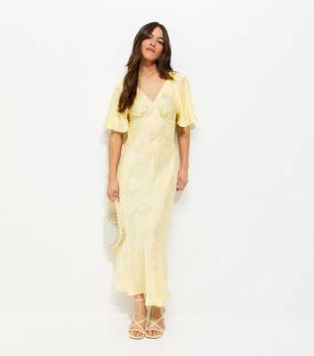 Petite Light Yellow Palm Jacquard Flutter Sleeve Midi Dress