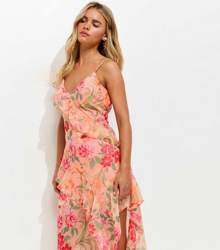 Petite Orange Floral Print Chiffon Asymmetric Dress