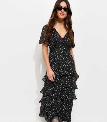 Petite Black Polka Dot Chiffon Tiered Tea Maxi Dress