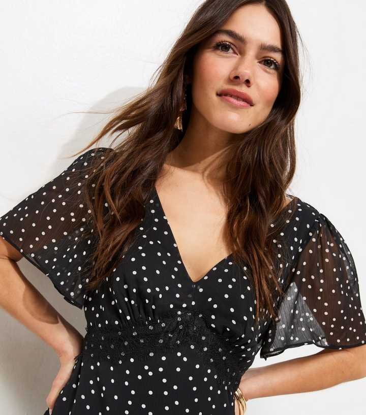 Petite Black Polka Dot Chiffon Tiered Tea Maxi Dress | New Look Petite Black Polka Dot Chiffon Tiered Tea Maxi Dress | New Look