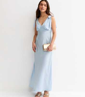 Petite Light Blue Satin Tie Shoulder Midi Dress