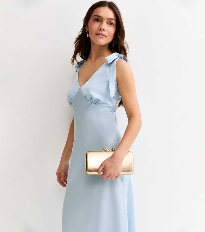 knee length dresses for ladies Lucinda Halter Satin Midi Dress • Shop American Threads Boutique Light Blue / S main image 0