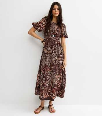 Brown Palm Tree Print Puff Sleeve Midi Dress