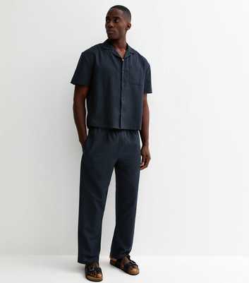 Navy Regular Cotton High Waisted Wide Leg Trousers