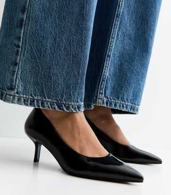 Black Patent Faux Leather Kitten Heel Court Shoes