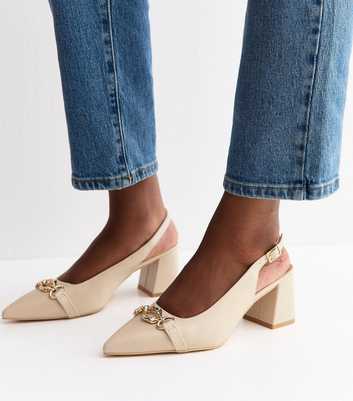Off White Faux Leather Chain Slingback Block Heels