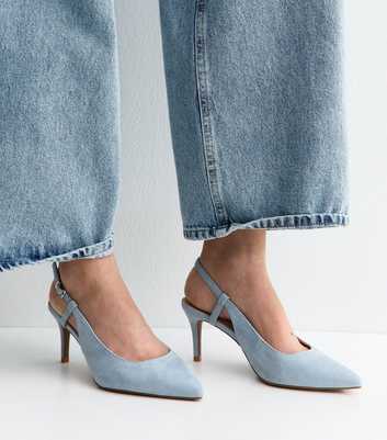 Wide Fit Light Blue Faux Suede Slingback Court Shoes