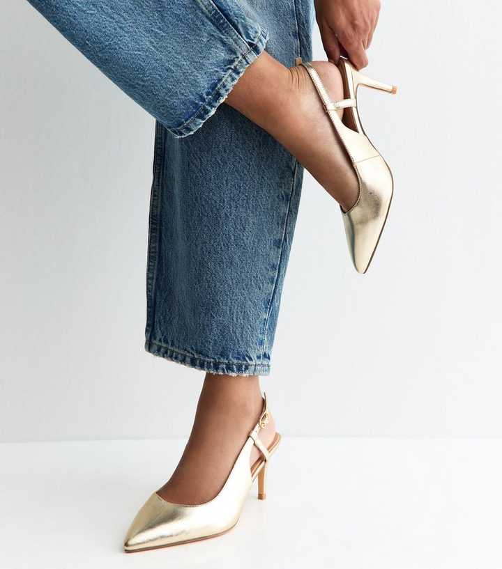 Extra Wide Fit Gold Faux Leather Lizard Embossed Slingback Court Shoes
