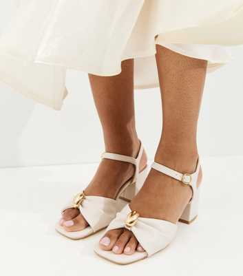 Wide Fit Off White Faux Leather Metal Ring Block Heel Sandals