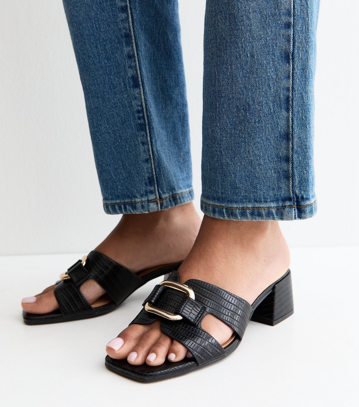 Women's Black Faux Leather Square Toe Block Heel Mule Sandals Vegan New Look