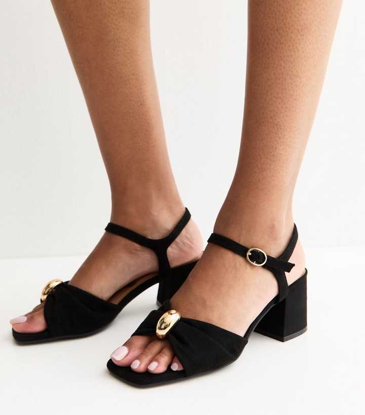 Wide Fit Black Faux Suede Metal Ring Block Heel Sandals