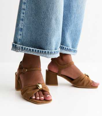 Wide Fit Tan Faux Suede Metal Ring Block Heel Sandals