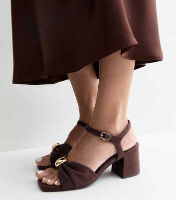 Wide Fit Dark Brown Faux Suede Metal Ring Block Heel Sandals