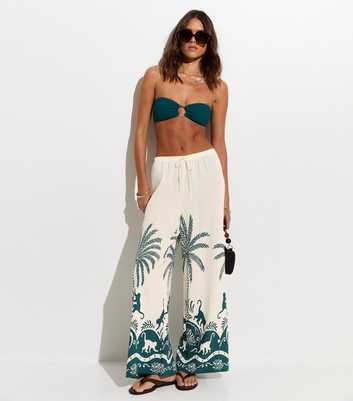 Teal Palm Pattern Beach Wide Leg Trouser