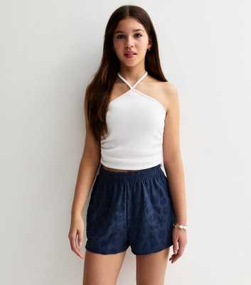Girls Navy Floral Towelling Shell Pattern Shorts