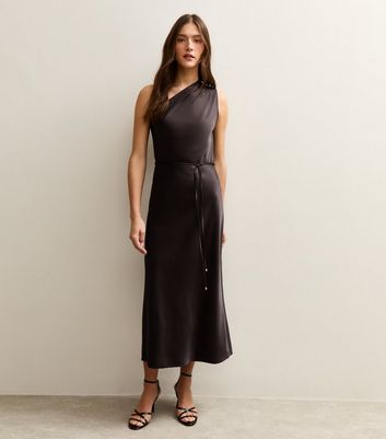 Dark Brown Satin One Shoulder Tie Waist Dress | New Look Dark Brown Satin One Shoulder Tie Waist Dress | New Look