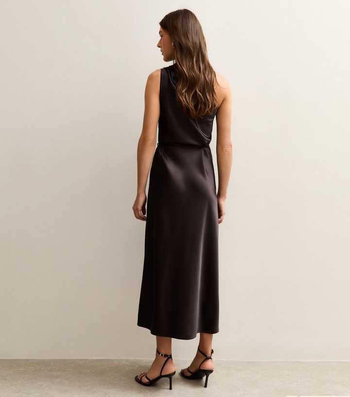 Dark Brown Satin One Shoulder Tie Waist Dress | New Look