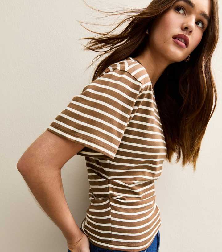 Brown and White Striped Corset Waist Short Sleeve T-Shirt