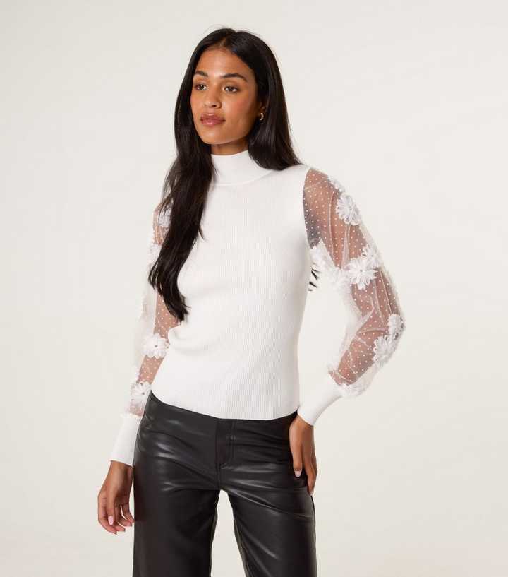 Blue Vanilla White Lace Sleeve High Neck Jumper