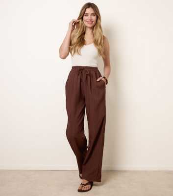 Blue Vanilla Dark Brown Textured Drawcord Wide Leg Trousers
