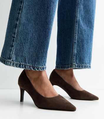 Wide Fit Dark Brown Faux Suede Court Shoes