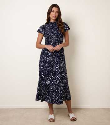 Blue Vanilla Navy Spotty Shirred Midi Dress