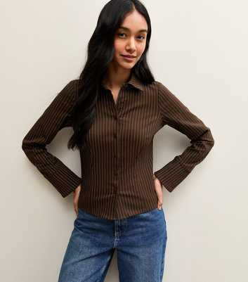 Brown Pinstriped Fitted Long Sleeve Shirt