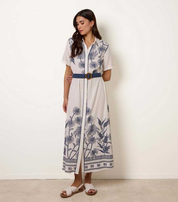 Blue Vanilla White Embroidered Palm Dress