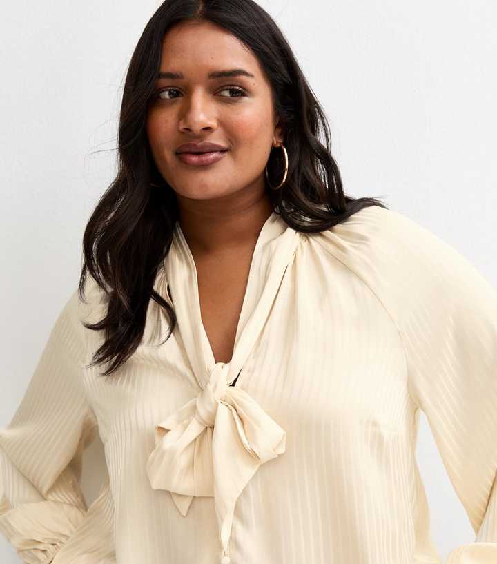 Curves Cream Satin Stripe Pussybow Shirt