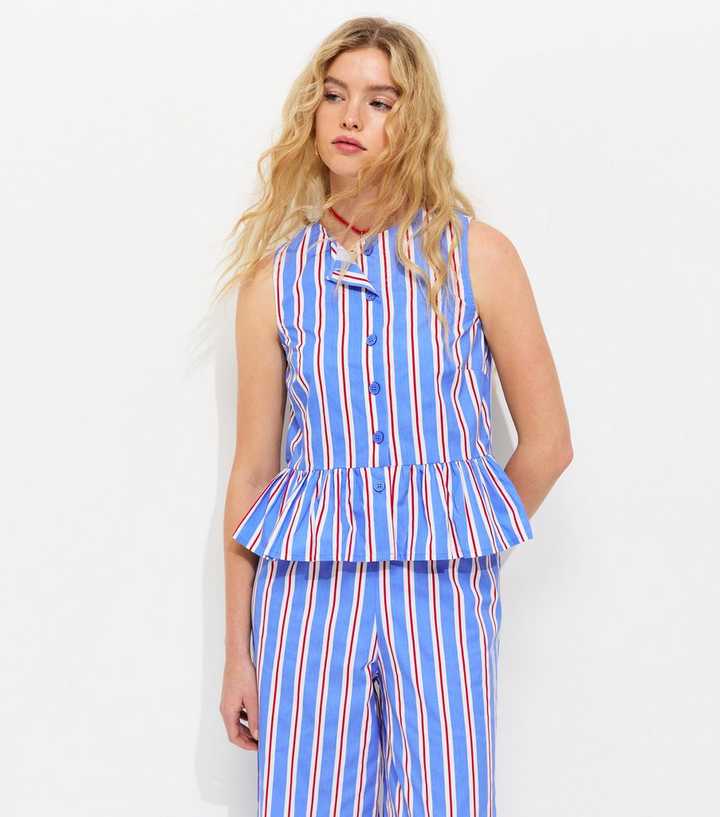 Blue Striped Peplum Hem Button Front Top