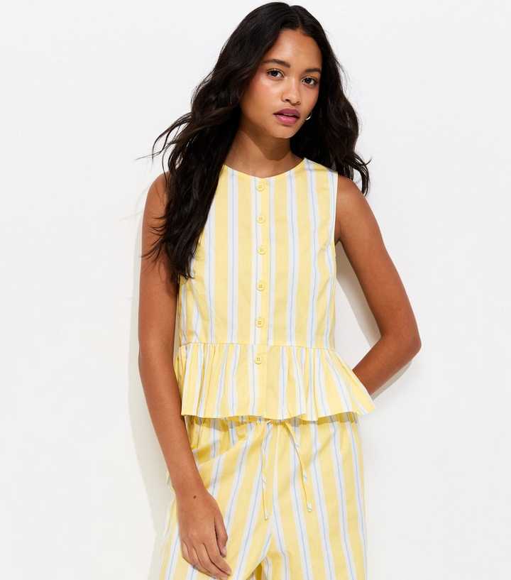 Light Yellow Striped Peplum Hem Button Front Top