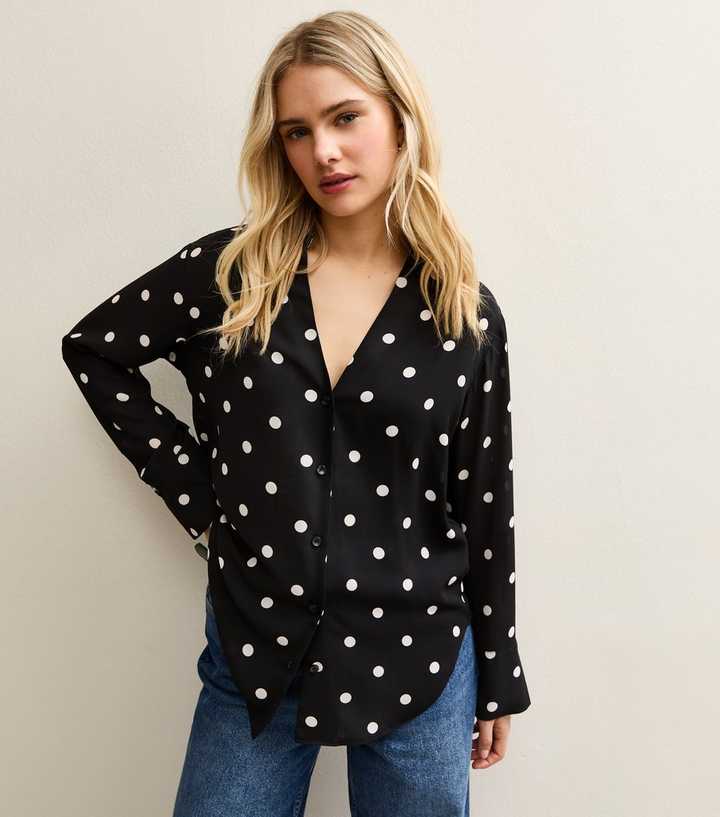 Black Polka Dot Open Collar Shirt
