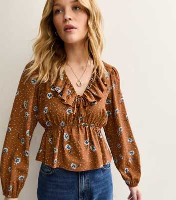 Brown Floral Frill Neck Blouse