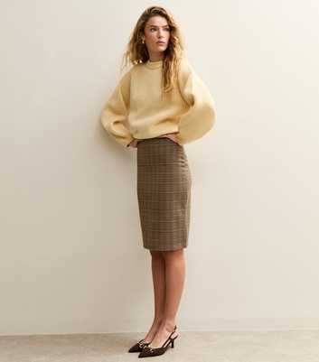 Brown Jacquard Check Pencil Skirt