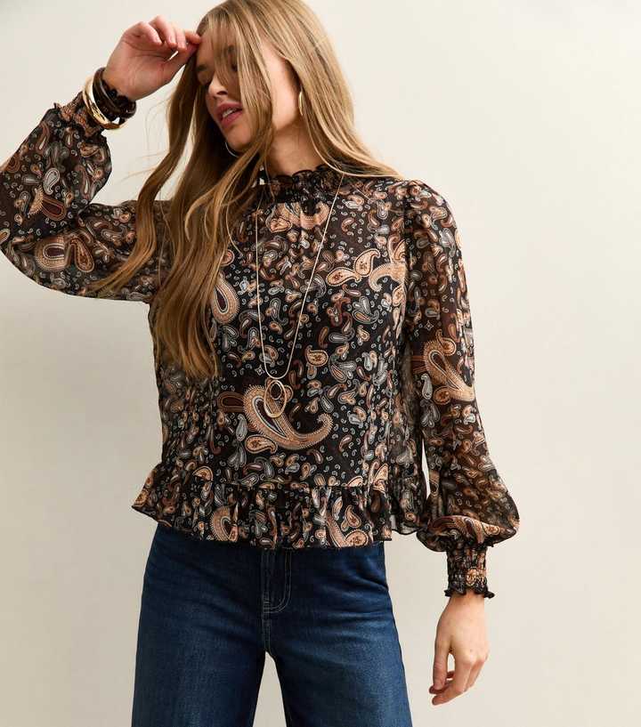 Black Paisley Chiffon Frill Neck Blouse