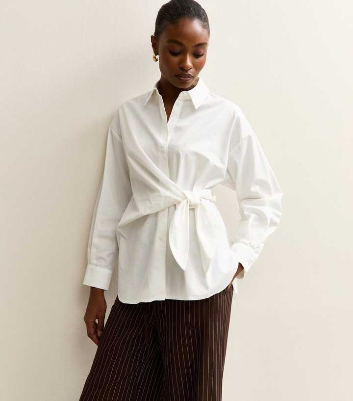 White Cotton Poplin Side Tie Shirt
