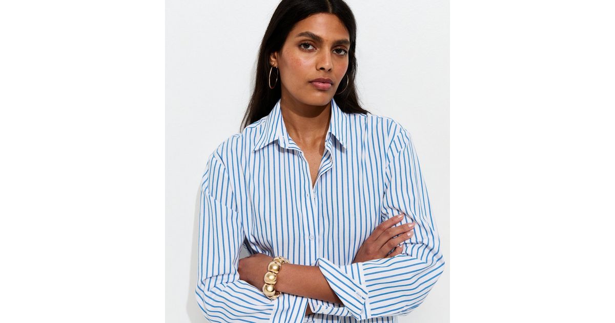 Blue Cotton Striped Oversized Shirt