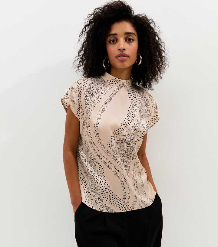 Cream Satin Swirly Print High Neck Blouse