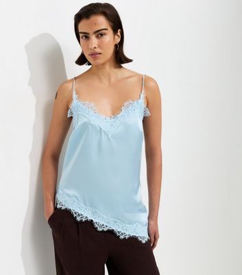 Light Blue Satin Asymmetric Lace Hem Cami Top | New Look