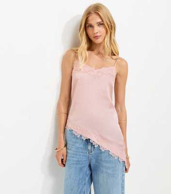 Pale Pink Satin Asymmetric Lace Hem Cami Top